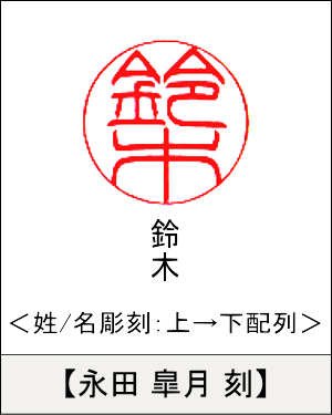 丸型印鑑:姓/名いずれか 上→下彫刻／永田 皐月刻