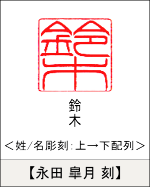 角型印鑑:姓/名いずれか 上→下彫刻／永田 皐月刻